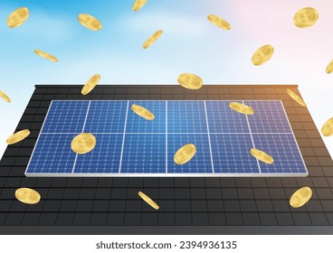 Saving Money and Energy with Solar Panel on the Roof of House. Solar Energy and Renewable Energy Sources. Clean and Green Energy. Vector Illustration.