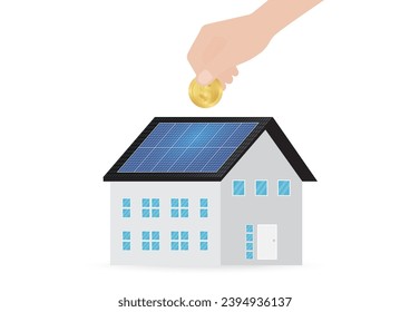 Ahorro de dinero y energía con panel solar en el techo de la casa. Energía solar y fuentes de energía renovable. Energía limpia y verde. Ilustración vectorial.