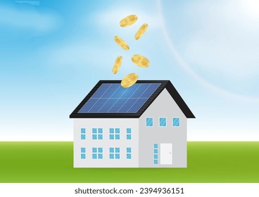 Saving Money and Energy with Solar Panel on the Roof of House. Solar Energy and Renewable Energy Sources. Clean and Green Energy. Vector Illustration.