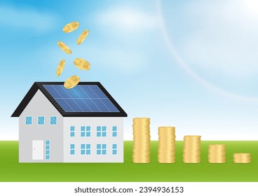 Saving Money and Energy with Solar Panel on the Roof of House. Solar Energy and Renewable Energy Sources. Clean and Green Energy. Vector Illustration.