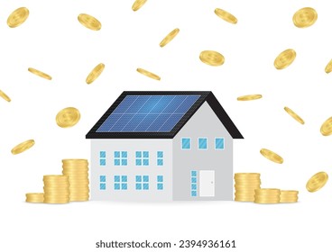 Saving Money and Energy with Solar Panel on the Roof of House. Solar Energy and Renewable Energy Sources. Clean and Green Energy. Vector Illustration.