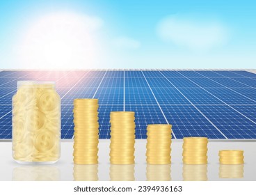 Saving Money and Energy with Solar Panel on the Roof of House. Solar Energy and Renewable Energy Sources. Clean and Green Energy. Vector Illustration.