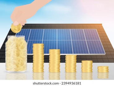 Saving Money and Energy with Solar Panel on the Roof of House. Solar Energy and Renewable Energy Sources. Clean and Green Energy. Vector Illustration.