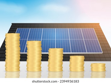 Saving Money and Energy with Solar Panel on the Roof of House. Solar Energy and Renewable Energy Sources. Clean and Green Energy. Vector Illustration.