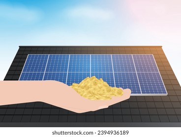 Saving Money and Energy with Solar Panel on the Roof of House. Solar Energy and Renewable Energy Sources. Clean and Green Energy. Vector Illustration.