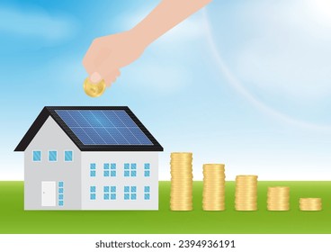 Saving Money and Energy with Solar Panel on the Roof of House. Solar Energy and Renewable Energy Sources. Clean and Green Energy. Vector Illustration.