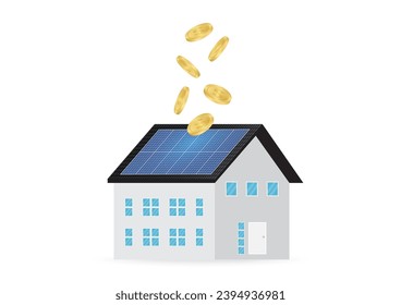 Sparen Sie Geld und Energie mit dem Solarpaneel auf dem Dach des Hauses. Solarenergie und erneuerbare Energiequellen. Saubere und grüne Energie. Vektorgrafik.