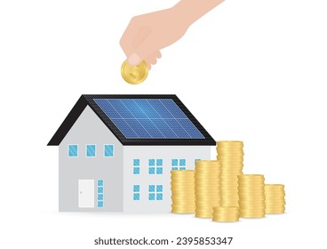 Ahorro de dinero y energía con panel solar en el techo de la casa. Energía solar y fuentes de energía renovable. Energía limpia y verde. Ilustración vectorial.