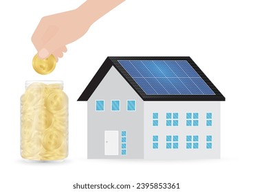 Saving Money and Energy with Solar Panel on the Roof of House. Solar Energy and Renewable Energy Sources. Clean and Green Energy. Vector Illustration.