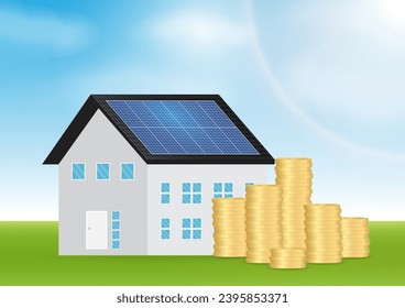 Saving Money and Energy with Solar Panel on the Roof of House. Solar Energy and Renewable Energy Sources. Clean and Green Energy. Vector Illustration.