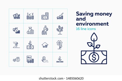 Saving money and environment icons. Set of line icons. Investing, accounting, income. Stock market concept. Vector illustration can be used for topics like salary, finance, banking