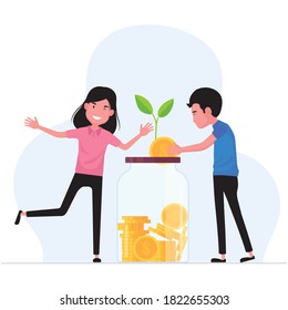 Saving money feature man and woman putting coin in a jar