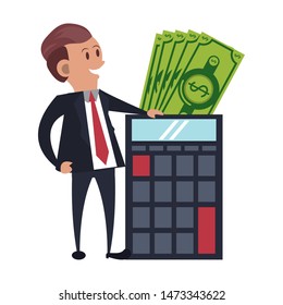 saving money finance banking, executive business man with cash money and calculator cartoon vector illustration graphic design