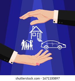 Saving money, finance, sponsorship for the family, purchase a home and apartment, real estate, purchase a car. Women's hands in a business suit protect, guard. Square vector illustration