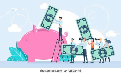 Saving money financial concept. Money saving. Tiny people inserting cash into piggy bank, getting and investing income. Investment success, safe economical fund deposit strategy. Vector illustration