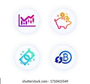 Saving money, Financial diagram and Payment icons simple set. Button with halftone dots. Refresh bitcoin sign. Piggy bank, Candlestick chart, Finance. Update cryptocurrency. Finance set. Vector