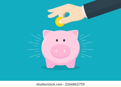 Saving money for the future concept, Business human hand hold coin with piggy bank, Digital marketing illustration.