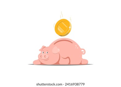 Sparen Sie Geld für das zukünftige Konzept, Geldmünzen fallen mit Sparschwein auf isoliertem Hintergrund, Vektorgrafik.