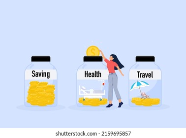 Saving money for the future concept. Woman dropping gold dollar coin in jar for health beside jar for saving and jar for travel. Flat design vector illustration.