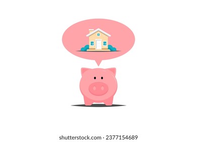 Saving money for future housing, Piggy bank with housing on isolated background, Vector illustration.