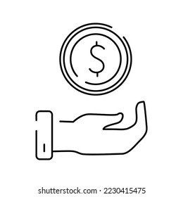 Saving money. Hand with coin. Vector line flat icon. Salary, sell, money, business, buy, hand line icon. Vector illustration isolated on white background