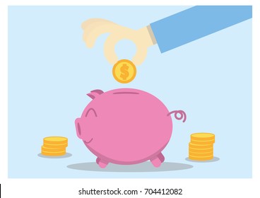 Saving money, Hand putting coin into piggy bank. Flat vector.