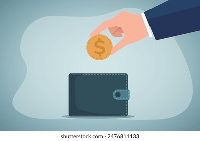 Saving Money, Hands putting coin in wallet.