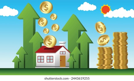 Saving money for home loan, Arrow growth up, Real estate trading, Buying and selling house from banks.