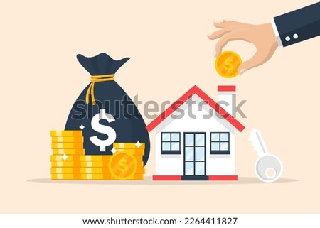 saving money for home loan. holding coin with home and bag money. real estate trading. Buying and selling house from banks. Mortgage and Lease. vector illustration flat design. 