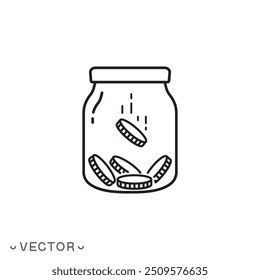 ícone de economia de dinheiro, pote de moeda, símbolo de linha fina economia isolado no fundo branco, traço editável eps 10 vetor ilustração 