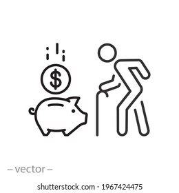 Saving Money Icon, Pension Fund, Old Man With Cane, Retirement Age And Piggy Bank, Thin Line Symbol On White Background - Editable Stroke Vector Eps10