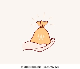 Saving money icon, salary money, investing finance, hand holding dollar. Hand drawn style vector design illustrations.