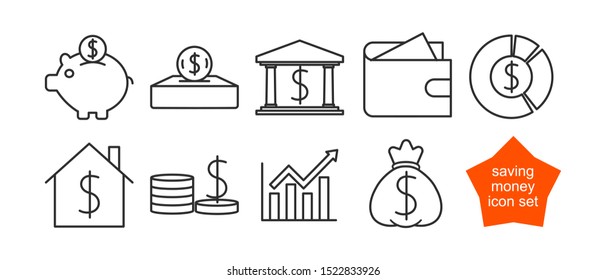Saving money icon set. Outline thin line icons isolated on white background. 