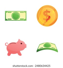 Saving money icons set cartoon vector. Piggy bank and cash money. Finance concept