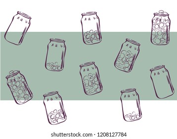 Saving money. Increased money saved. Coins in a glass jar. Jar for saving money. Pattern on the economic theme. Imitation of drawing pen on paper.