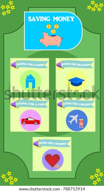Saving money infographic.\
Money saving planning infographics template. Vector investment\
concept. Saving money for a home, education, a car, a holiday, a\
wedding.