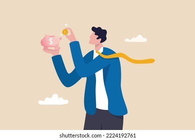 Saving money, investment or financial profit, earning growth, save money for future or wealth and deposit concept, businessman investor putting dollar money coin into piggy bank.