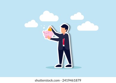 Saving money, investment or financial profit, earning growth, save money for future or wealth and deposit concept, businessman investor putting dollar money coin into piggy bank.