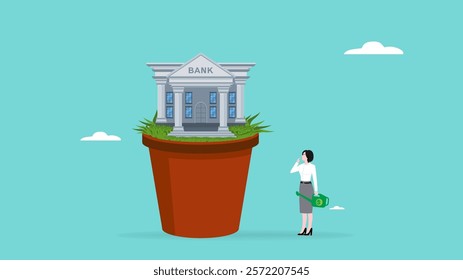 saving money or investment strategies for business growth. Capital benefits of investment banking. Credit cards and loan products, businesswoman with watering pot thinking about watering bank plants