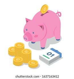 Saving money isometric color vector illustration. Bank deposit. Banking. Coins and piggy bank. Economy. Accounting and audit. Investment. Salary payment. 3d concept isolated on white background