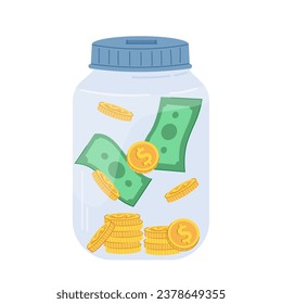 Saving money jar. Money box glass with banknotes and coins. Vector flat illustration.