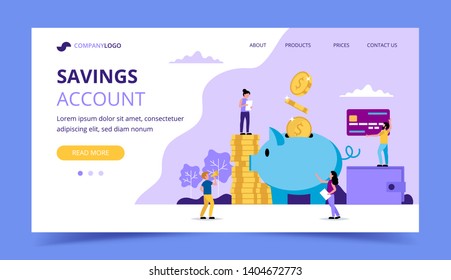 Saving money landing page - illustration with small people doing various tasks, piggy bank, wallet, credit card. Concept vector illustration for banking, finance