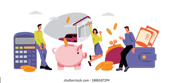 Saving money and lending financial services banner backdrop with business people saving money in piggy bank and wallets. Bank account savings and loan or mortgage, flat vector illustration isolated.