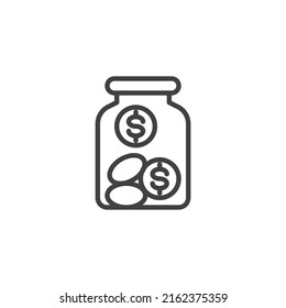 Guardando el icono de la línea de dinero. signo de estilo lineal para concepto móvil y diseño web. Frasco de vidrio con monedas contorno icono vector. Símbolo, ilustración del logotipo. Gráficos vectoriales