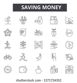 Saving money line icons, signs set, vector. Saving money outline concept, illustration: money,coin,business,cash,banking,dollar,bank,symbol