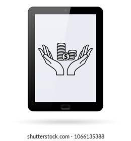 saving money  line vector  icon on a realistic tablet. Flat design style.