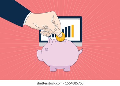 Saving money - Male hand putting money in coin box, computer screen show savings and interest rates. Private savings concept, vector illustration.