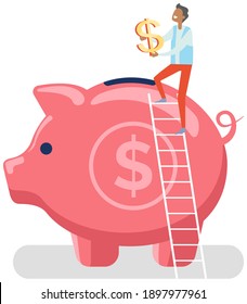 Saving money. Man puts golden dollar sign in large piggy bank in form of piglet on white background. Business finance and investment concept. Accumulating money deposit storage cash safety safebox