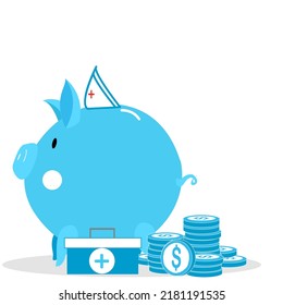 Saving money for medical care, Concept of saving money on medical expenses with piggy banks.