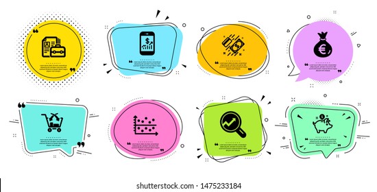 Saving money, Mobile finance and Payment line icons set. Chat bubbles with quotes. Vacancy, Dot plot and Analytics signs. Cross sell, Money bag symbols. Piggy bank, Phone accounting. Vector